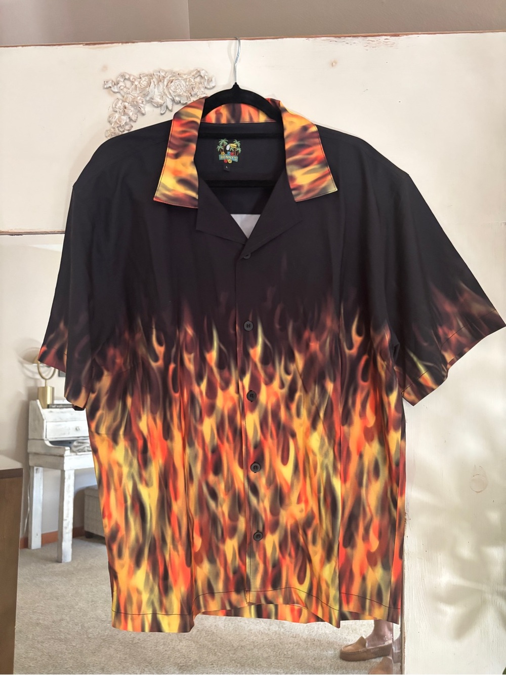 Benny's Hawaiian Flame Print Button Down Shirt - Size Large